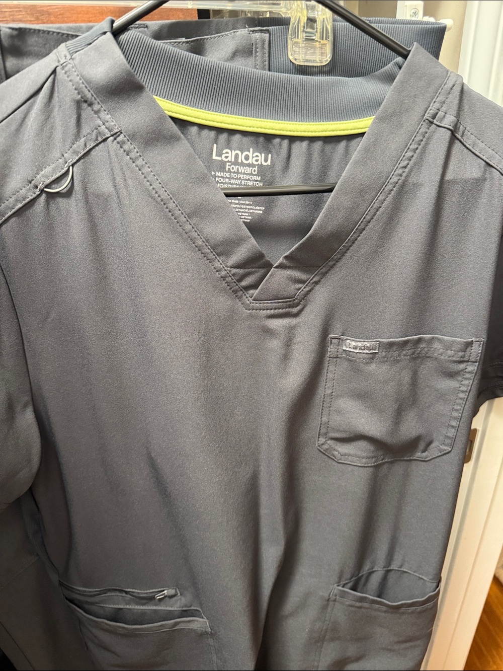 Landau Forward Men’s V-Neck Scrub Top in Charcoal with Lime Trim